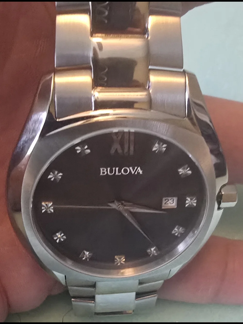 Bulova Silver Stainless Steel Watch with Black Sunburst Dial - 42mm